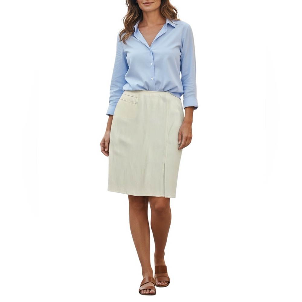 Vintage Italy Donna Karan White Linen Rayon Pencil Front Slit  Skirt Size 12